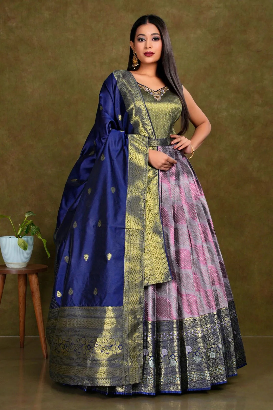 Lavender Long Banarasi Silk Gown With Dupatta