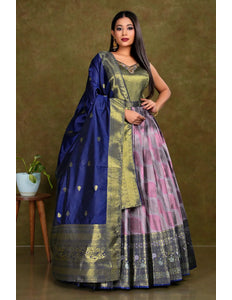 Lavender Long Banarasi Silk Gown With Dupatta