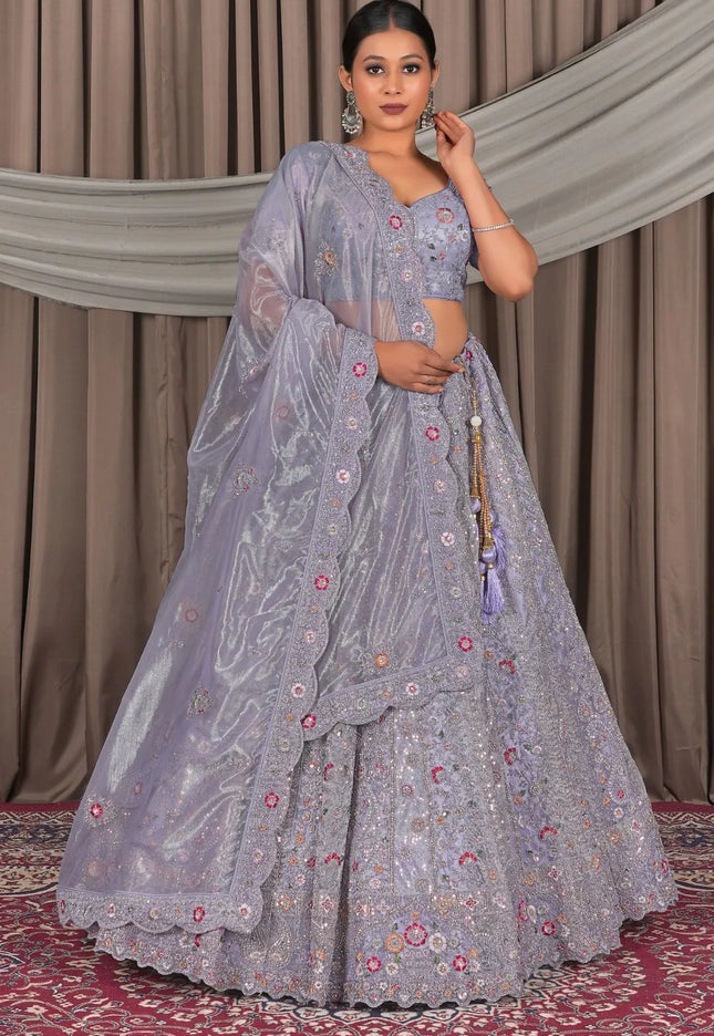 Lavender Party Wear Embroidered Twill Net Lehenga Choli For Women
