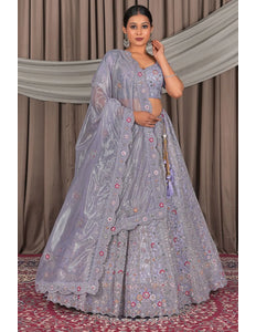 Lavender Party Wear Embroidered Twill Net Lehenga Choli For Women