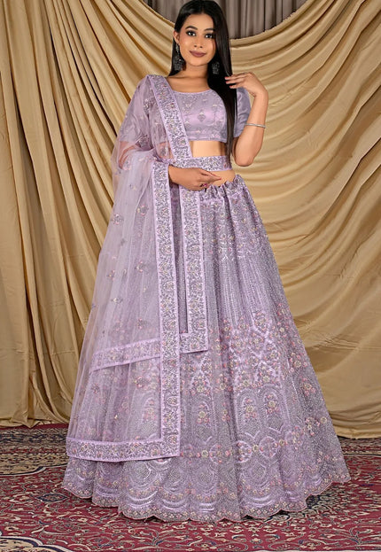 Lavender Party Wear Embroidered Net Lehenga Choli For Women