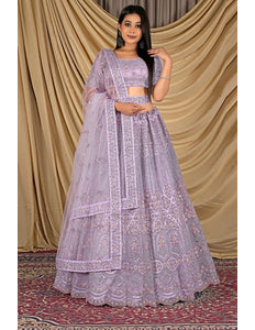 Lavender Party Wear Embroidered Net Lehenga Choli For Women