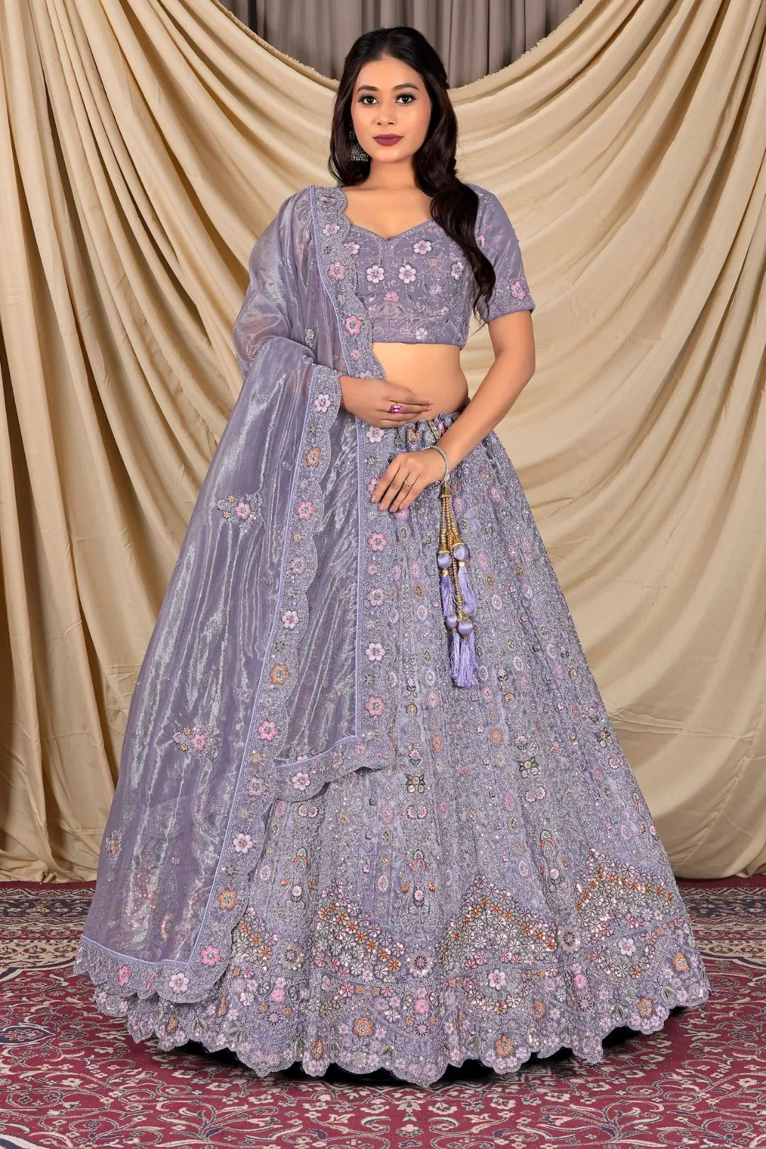 Lavender Party Wear Embroidered Twill Net Lehenga Choli For Women