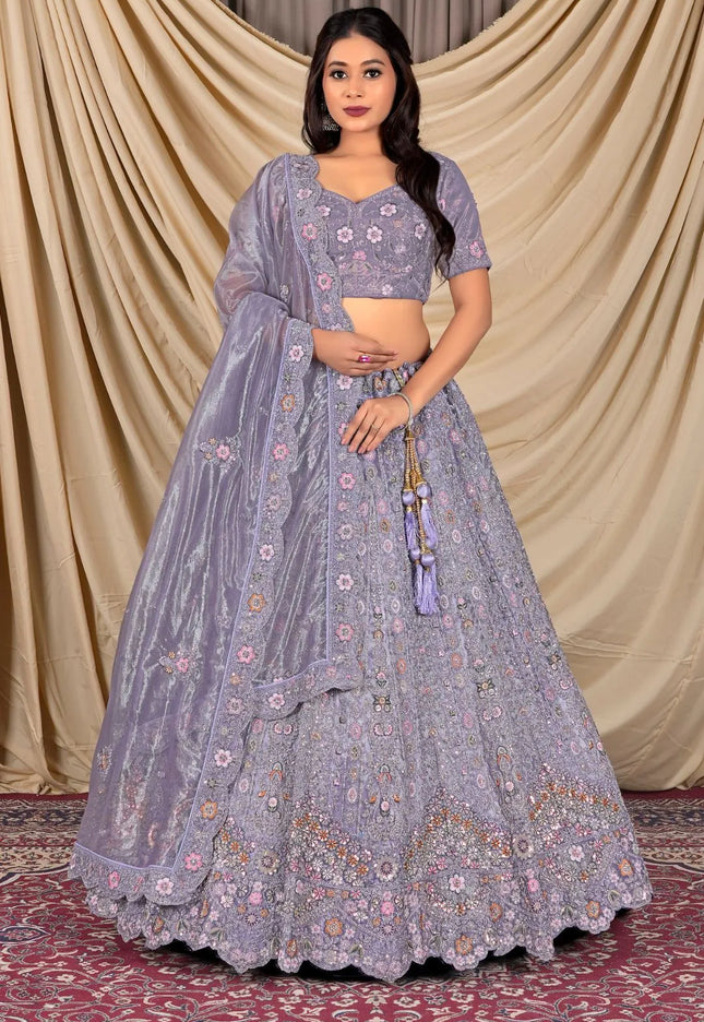 Lavender Party Wear Embroidered Twill Net Lehenga Choli For Women
