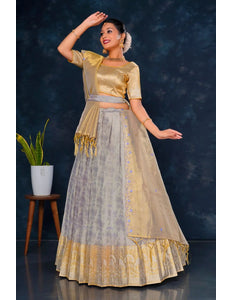 Woman in a traditional gold and lavender lehenga choli with dupatta