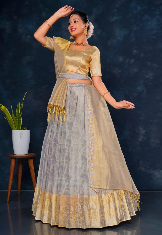 Lavender Pure Tissue Silk Half Saree with Zari Weaving