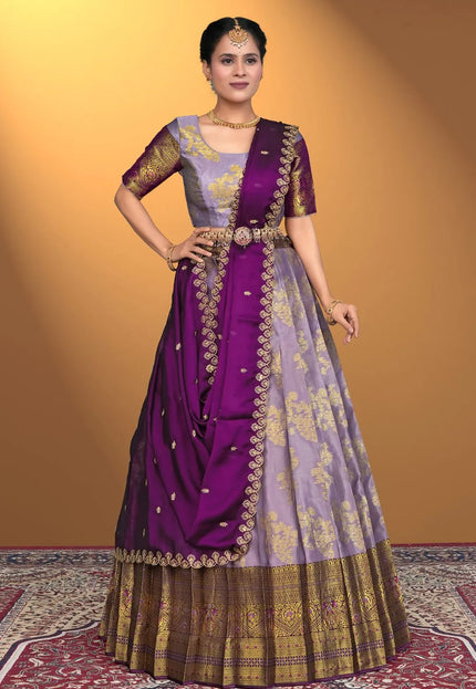 Lavender Semi-Stitched Lehenga Choli In Banarasi Silk