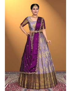 Lavender Semi-Stitched Lehenga Choli In Banarasi Silk