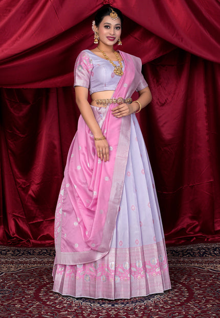 Woman wearing a Lavender and Pink lehenga choli