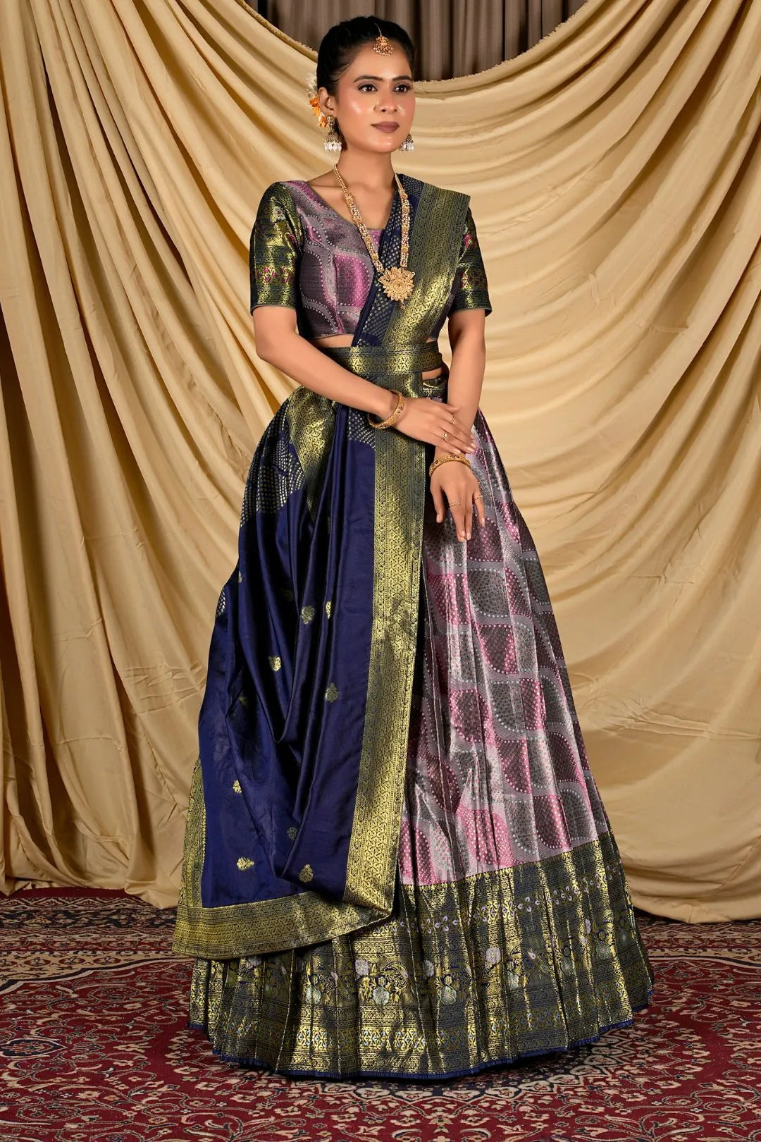 Lavender Silk Half Saree Lehenga With Zari work