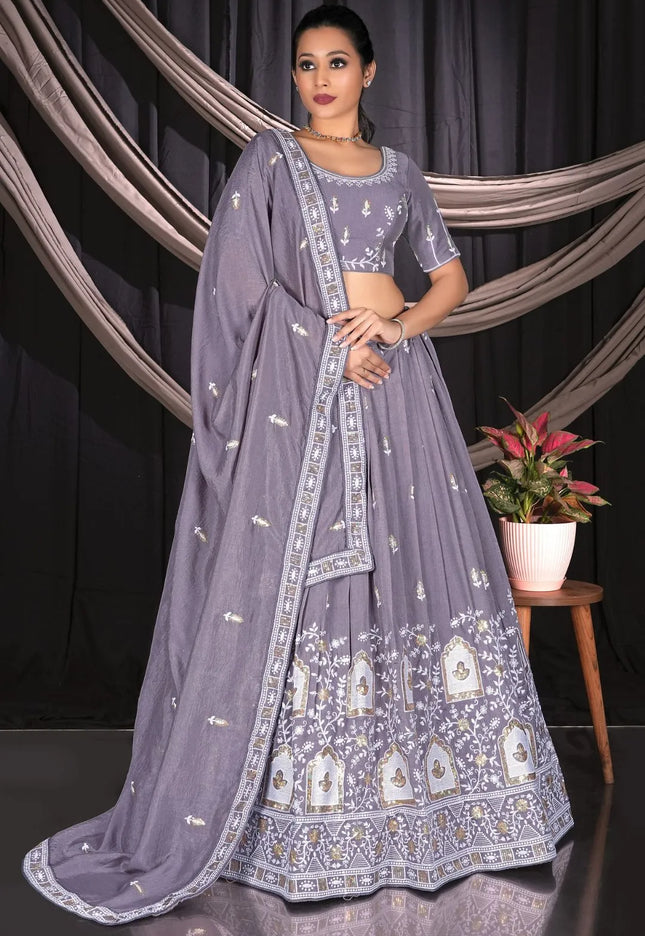 Lavender Vichitra Silk Crop Top Lehenga For Women