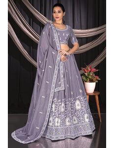 Lavender Vichitra Silk Crop Top Lehenga For Women