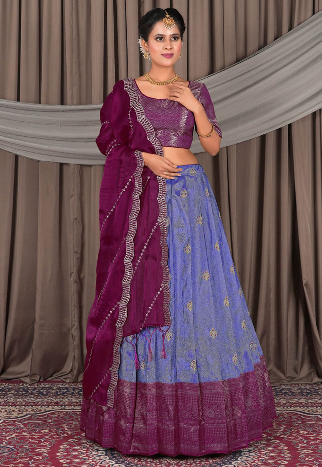 Woman wearing a traditional purple and blue outfit