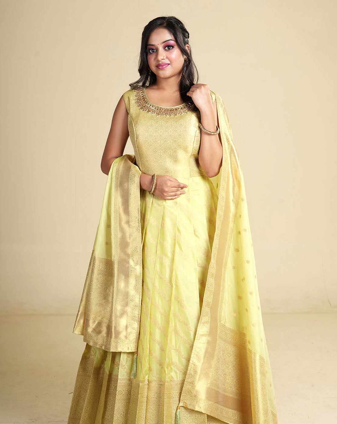 Buy Designer Wear Tafeta Silk Gown With Banarasi Dupatta Online In India At  Discounted Prices