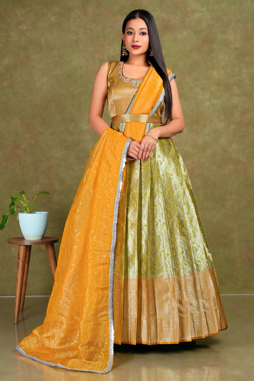 Lemon Banarasi Long Frock With Dupatta For Women