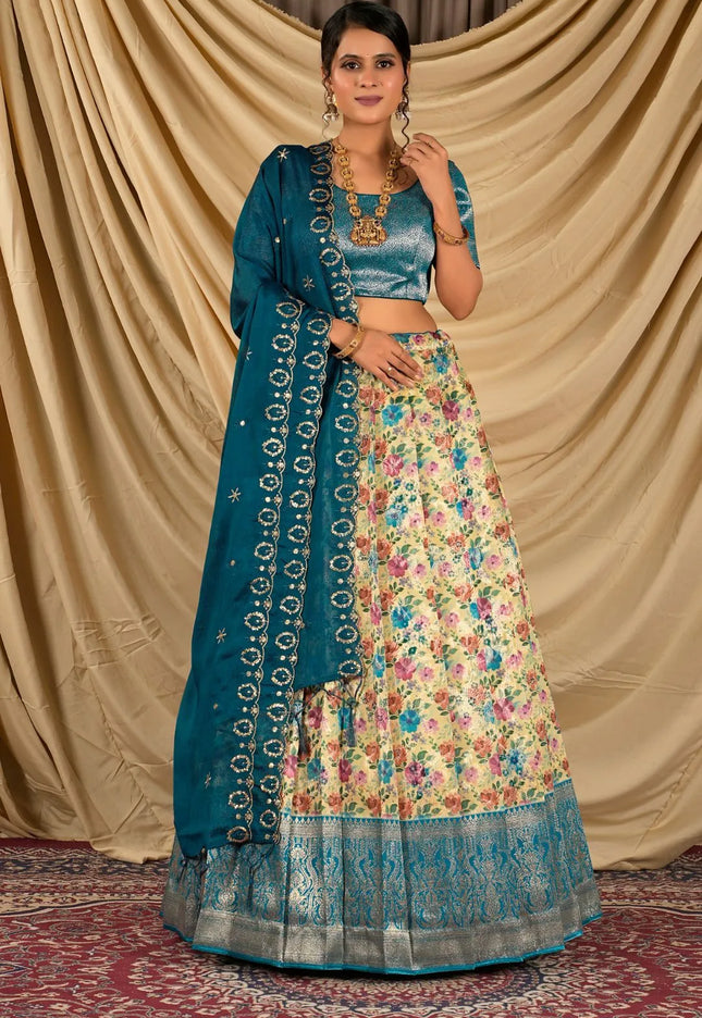 Lemon Digital Print Tissue Silk Lehenga Choli For Women