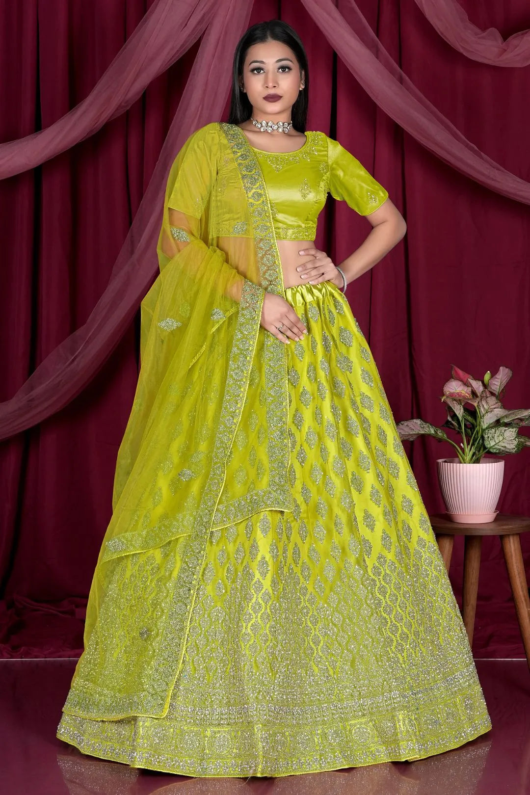 Lemon Embroidery Work Net Lehenga Choli