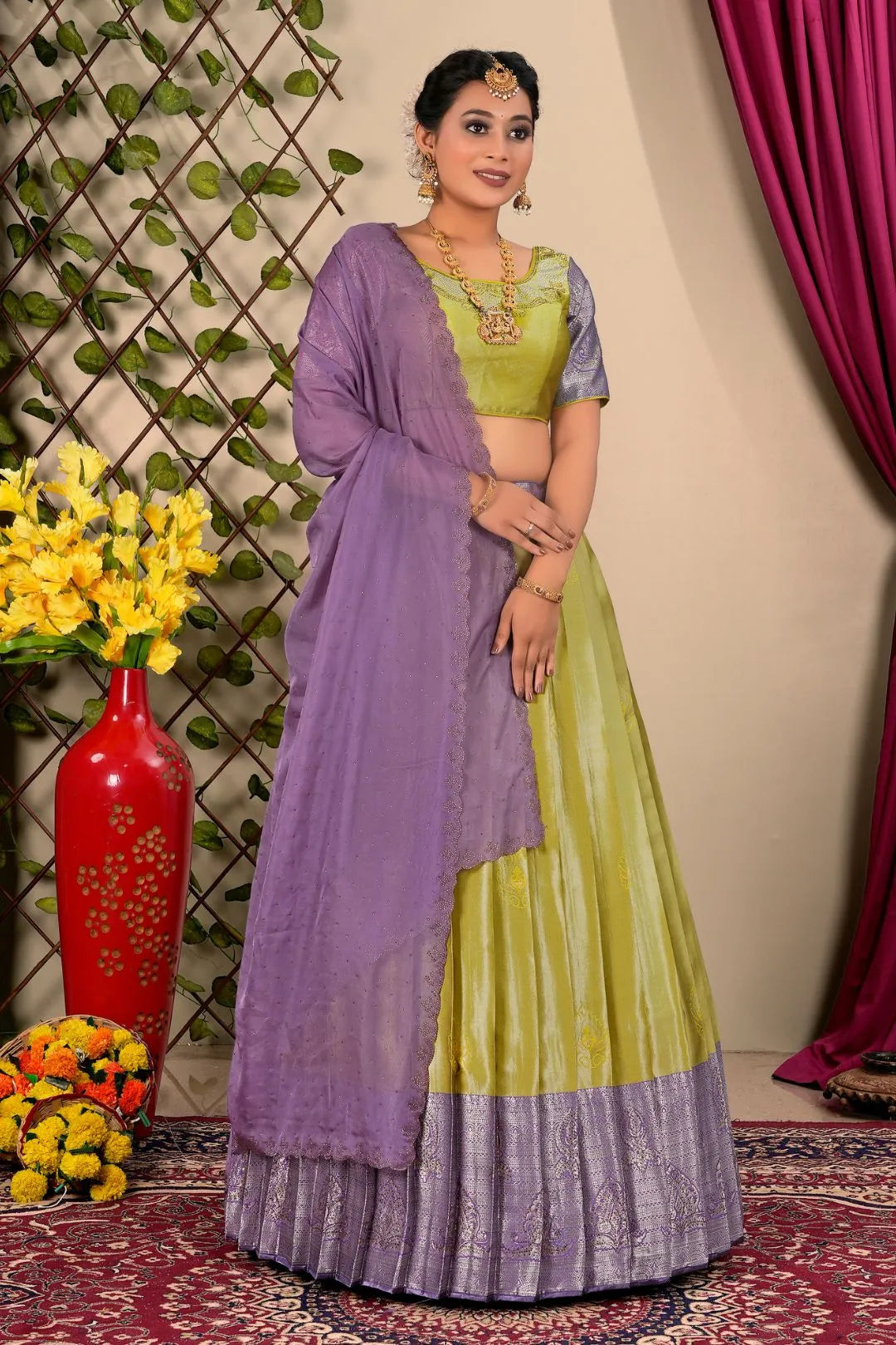 Lemon Jacquard Silk Half Saree For Women