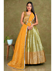 Woman wearing a traditional outfit with a yellow and green gown