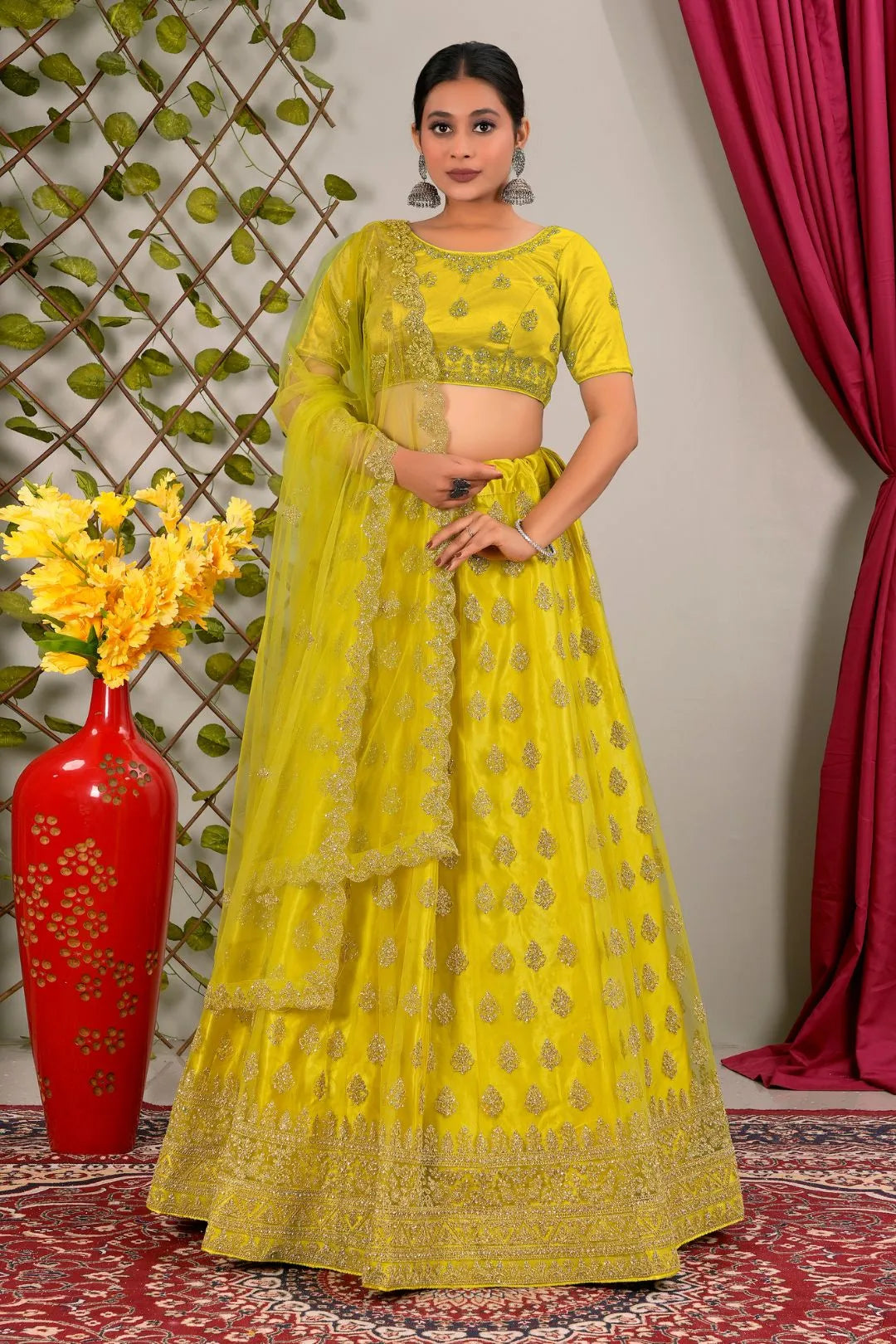 Lemon Party Wear Net Lehenga Choli For Weddings