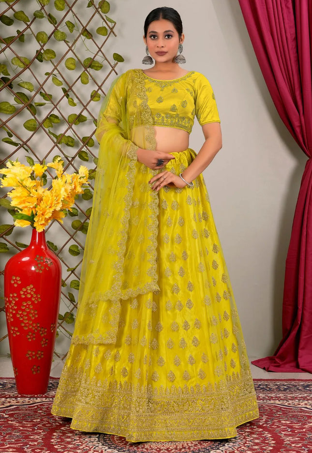 Lemon Party Wear Net Lehenga Choli For Weddings