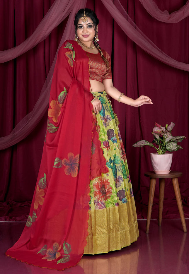 Woman in a red and floral half-saree