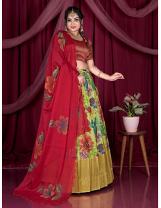 Woman in a red and floral half-saree