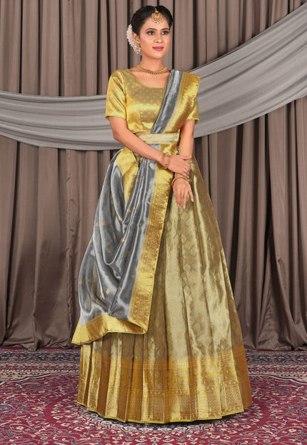 Woman wearing a traditional gold and silver lehenga choli with dupatta