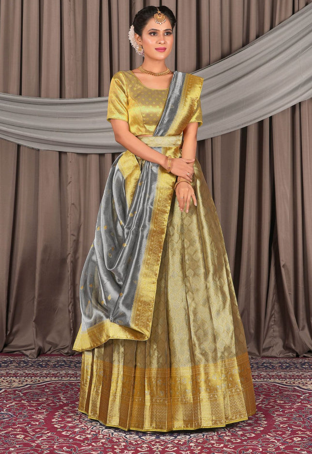 Woman wearing a traditional gold and silver lehenga choli with dupatta