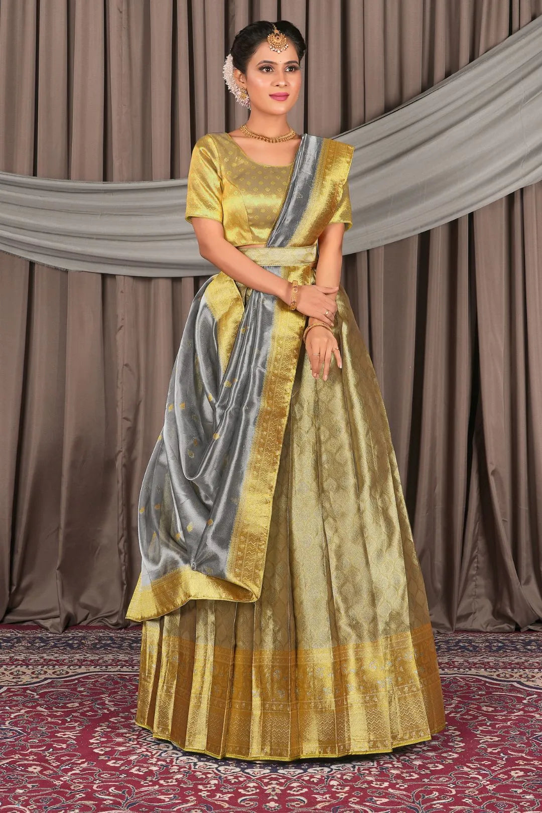 Light Gold Pure Two Tone Zari Tissue Pattu Half Saree For Women