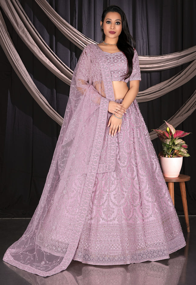 Light Pink Net Semi Stitch Embroidered Lehenga Choli For Women