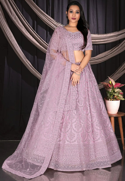 Light Pink Net Semi Stitch Embroidered Lehenga Choli For Women