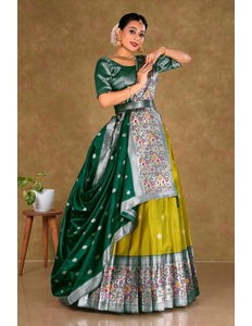 Woman wearing a traditional green and liril lehenga choli