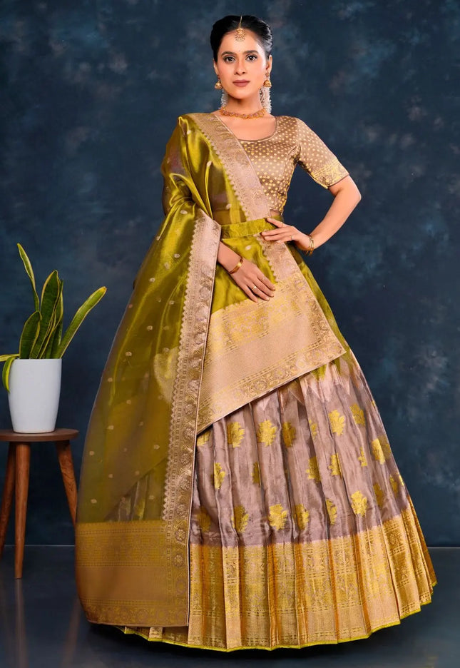 Woman wearing a traditional green and liril lehenga choli with dupatta