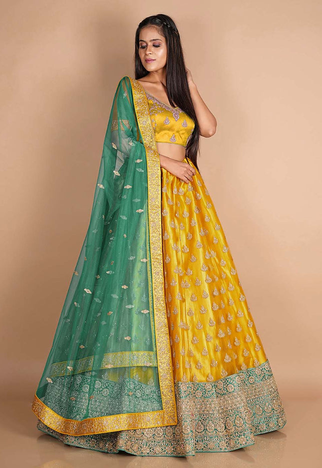 Mustard Embroidered Net Lehenga