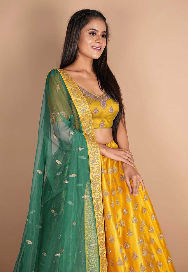Mustard Embroidered Net Lehenga