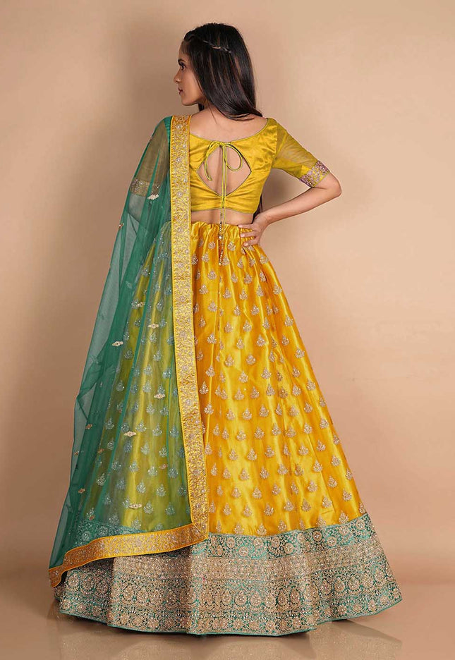 Mustard Embroidered Net Lehenga