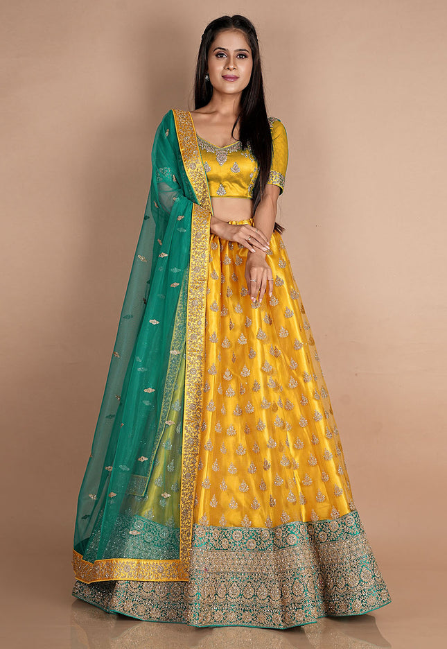 Mustard Embroidered Net Lehenga