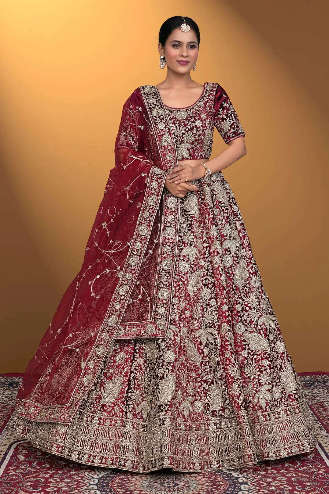 Maroon Velvet Lehenga Choli With Net Dupatta For Women