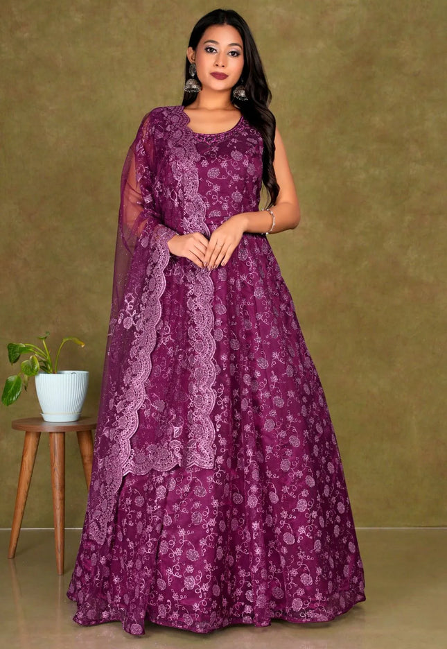 Maroon Colour Party Wear Net Gown For Women