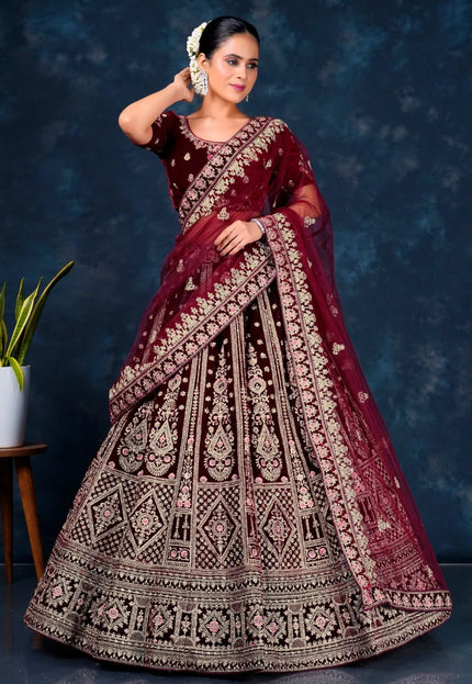 Maroon Embroidered Velvet Lehenga For Brides