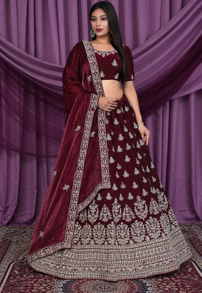 Maroon Fendy Silk Pattu Lehenga With Embroidery Work