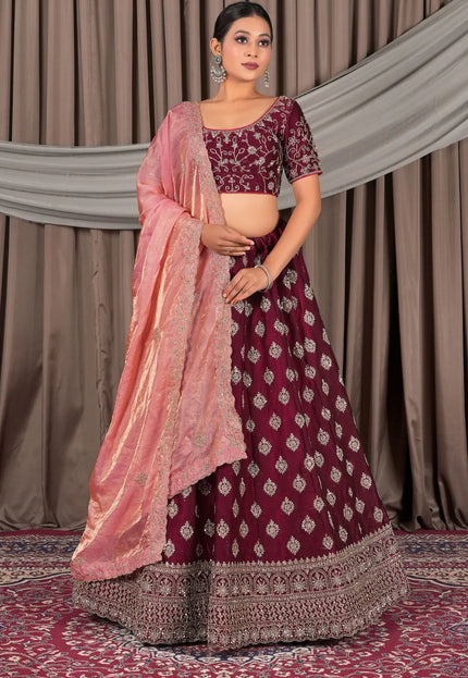 Maroon Fendy Silk Semi-Stitched Lehenga For Women
