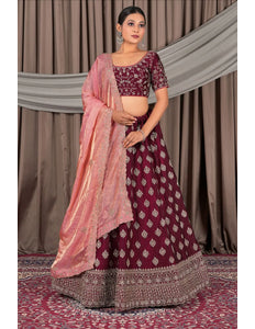 Maroon Fendy Silk Semi-Stitched Lehenga For Women