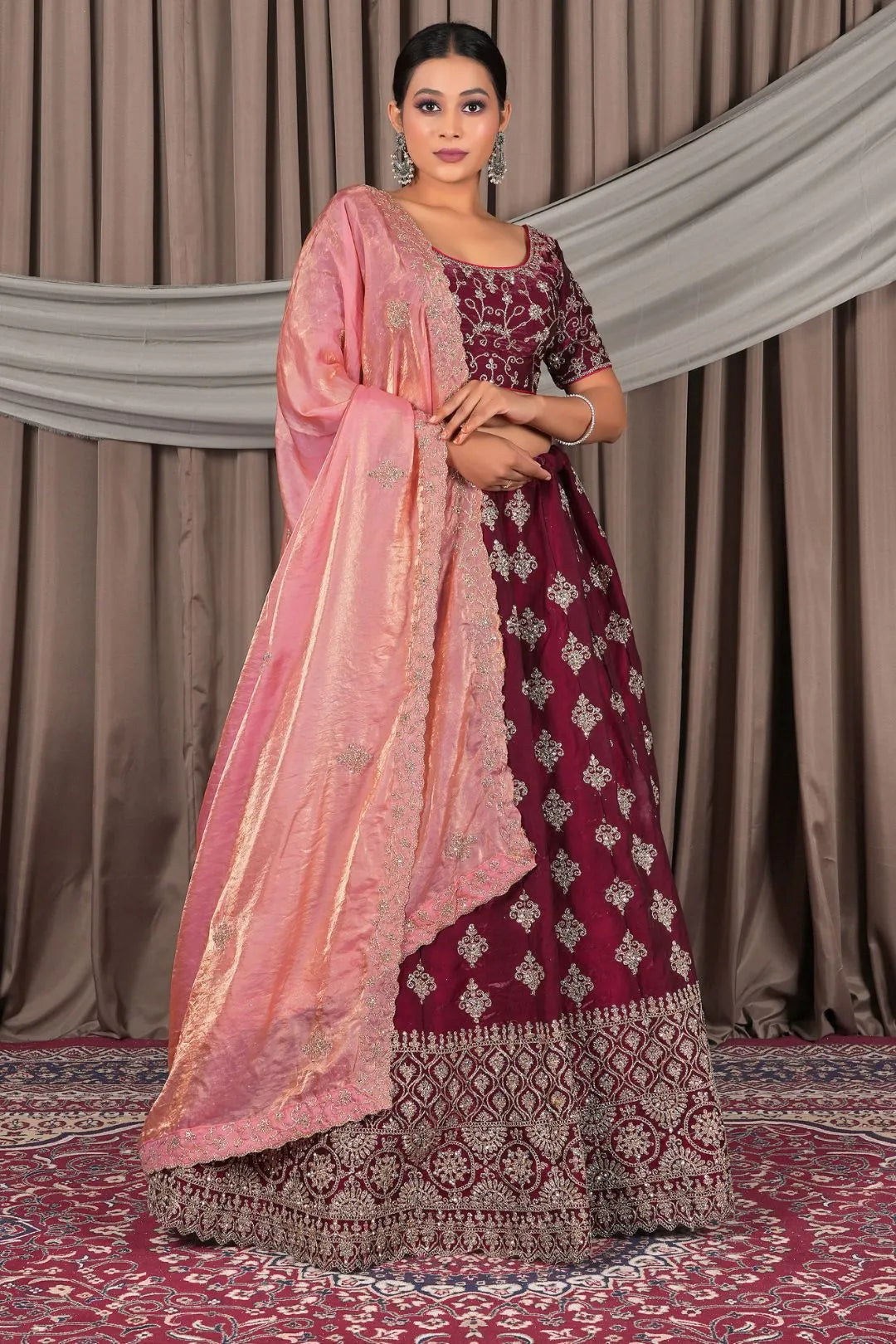 Maroon Fendy Silk Semi-Stitched Lehenga For Women