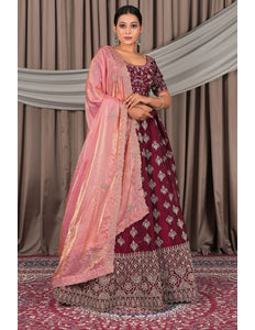 Maroon Fendy Silk Semi-Stitched Lehenga For Women