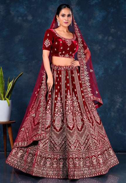 Maroon Heavy Designer Bridal Lehenga in Velvet