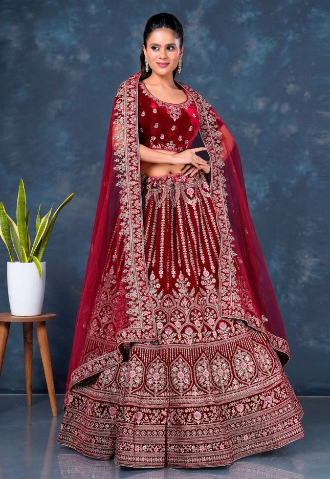 Maroon Heavy Designer Velvet Lehenga For Brides