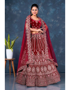 Maroon Heavy Designer Velvet Lehenga For Brides