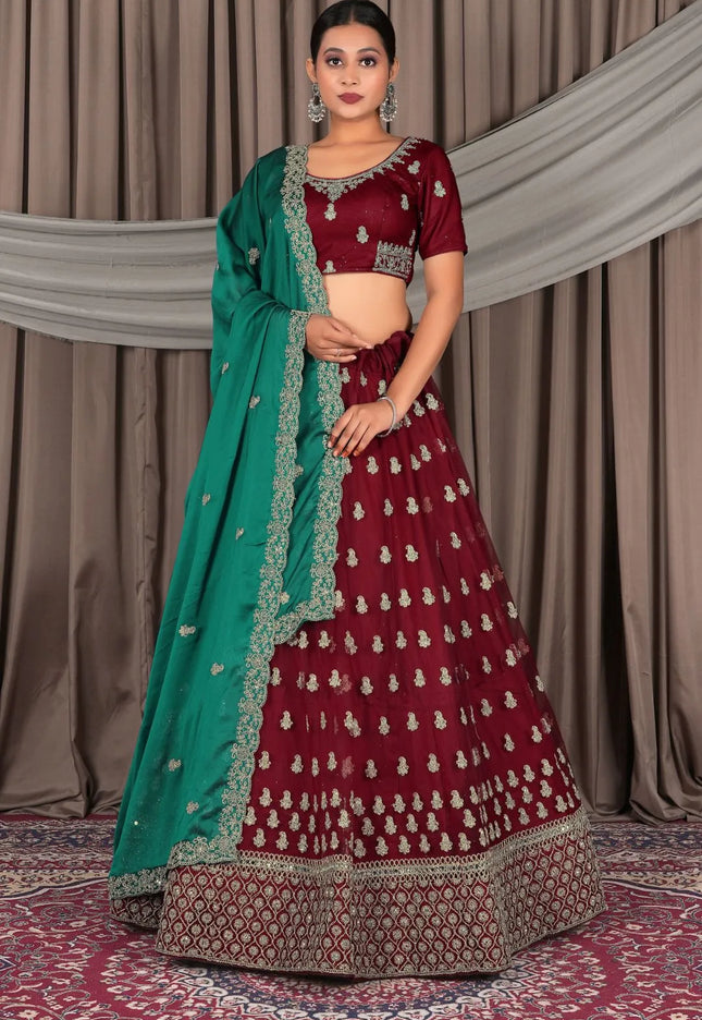 Maroon Net Designer Lehenga Choli with Rangoli Dupatta
